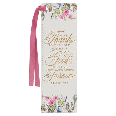 Christian Art Gifts Premium Vegan Leather Scripture Bookmark for Women: Give Thanks - Ps. 107:1 Inspirational Bible Verse, Creamy Floral by Christian Art Gifts
