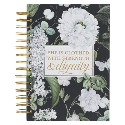 Christian Art Gifts Journal W/Scripture Strength & Dignity Proverbs 31:25 Bible Verse Black Floral 192 Ruled Pages, Large Hardcover Notebook, Wire Bou by Christian Art Gifts